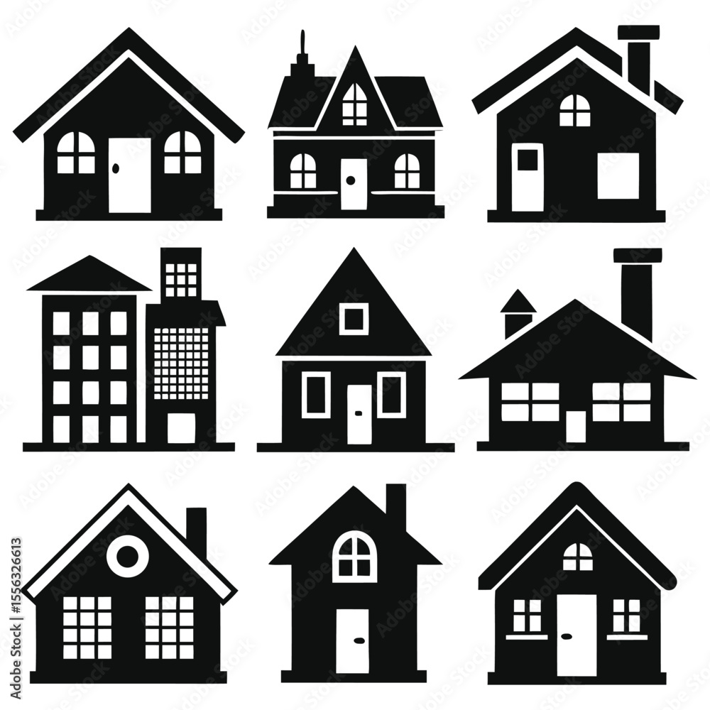 Nine Black Silhouettes of Houses and Buildings Simple Home Icons Real Estate Symbols Nine Black Silhouettes of Houses and Buildings Simple Home Icons Real Estate Symbols