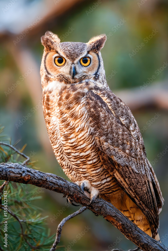 Obraz premium A majestic Eurasian eagle-owl perched on a tree branch surrounded by vibrant autumn colors.