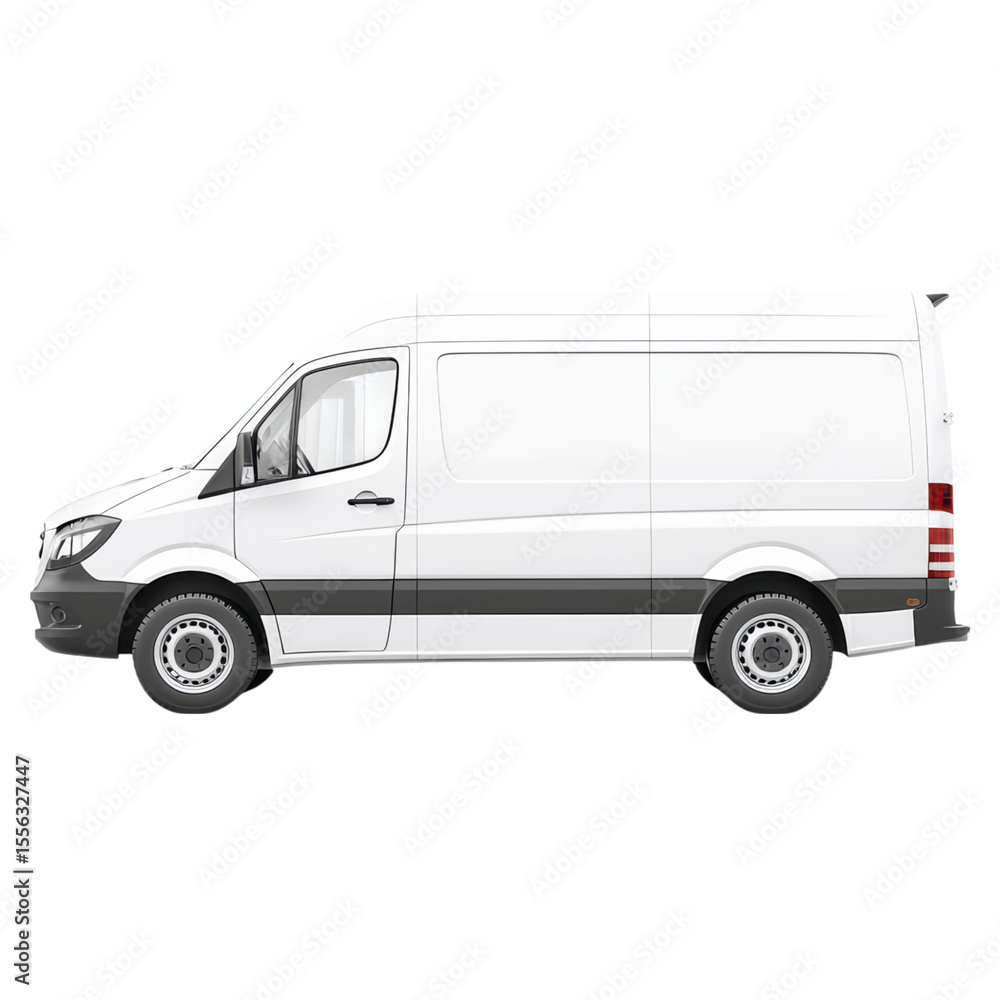 White Delivery Van Side View with Clean Lines and Modern Design, isolated on transparent background. White Delivery Van Side View with Clean Lines and Modern Design, isolated on transparent background.