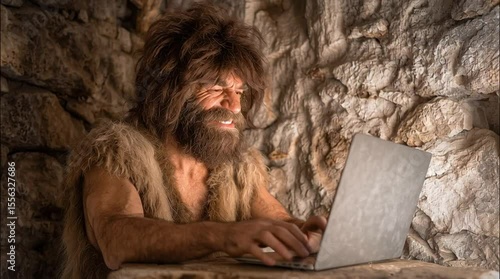 A prehistoric caveman neanderthal uses a laptop computer to access the internet in his stone age living room