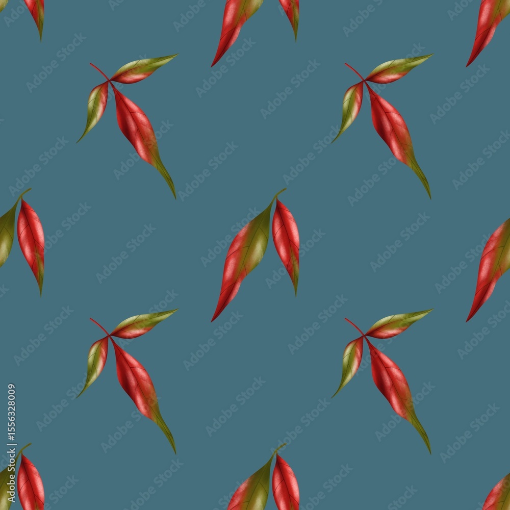 Fototapeta premium colorful autumn pattern, red leaves on blue background