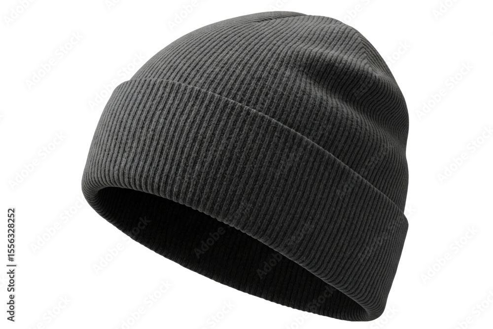 Obraz premium Simple classic black ribbed knit beanie hat for cold weather isolated on a transparent background