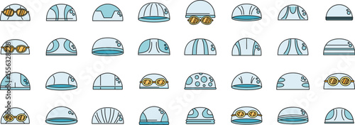 Various swim caps and goggles ensuring hygiene and clear vision for swimmers during training and competitions