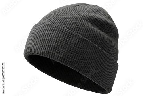 Simple classic black ribbed knit beanie hat for cold weather isolated on a transparent background