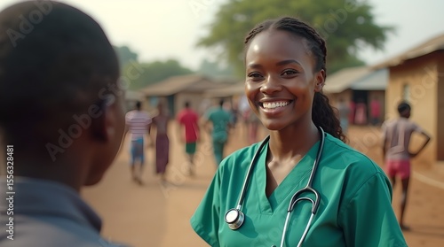 Smiling African Female Doctor in Green Scrubs with Stethoscope Caring for Patients in Rural Village Clinic Environment Healthcare Professional Illustration