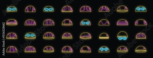 Vibrant neon icons showcasing a variety of swim caps and goggles, emphasizing water safety and individual style for swimmers