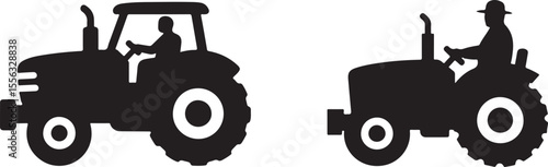 Two black silhouette icons of tractors one with a driver inside a cab and another with a driver wearing a hat