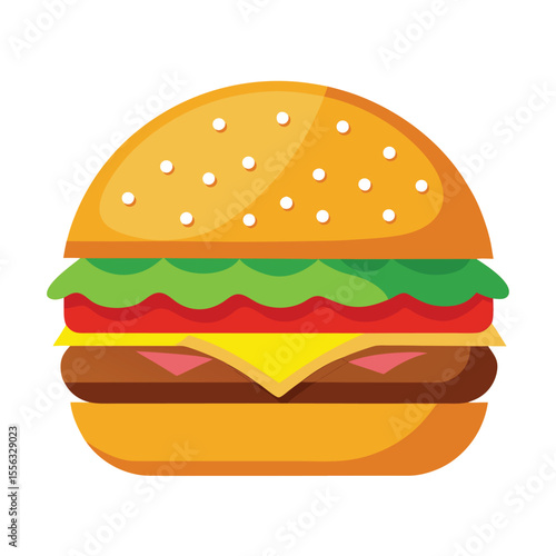 Cartoon burger  vector illustration. Stylized cartoon illustration of a classic cheeseburger with lettuce tomato and sesame seed bun.