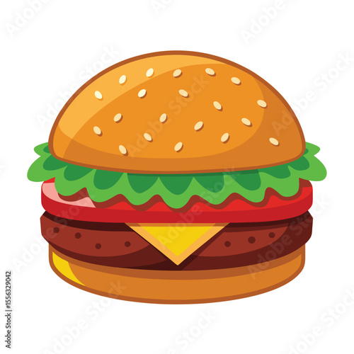 Cartoon burger  vector illustration. Stylized cartoon illustration of a classic cheeseburger with lettuce tomato and sesame seed bun.