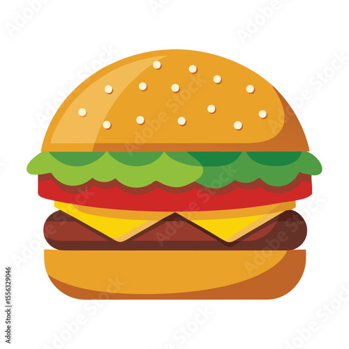 Cartoon burger  vector illustration. Stylized cartoon illustration of a classic cheeseburger with lettuce tomato and sesame seed bun.