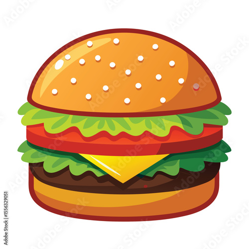 Cartoon burger  vector illustration. Stylized cartoon illustration of a classic cheeseburger with lettuce tomato and sesame seed bun.
