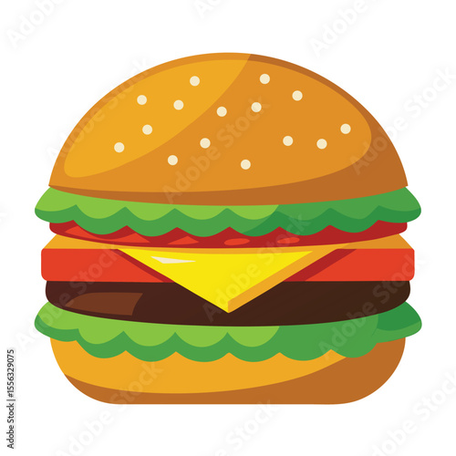Cartoon burger  vector illustration. Stylized cartoon illustration of a classic cheeseburger with lettuce tomato and sesame seed bun.