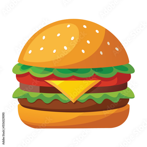 Cartoon burger  vector illustration. Stylized cartoon illustration of a classic cheeseburger with lettuce tomato and sesame seed bun.