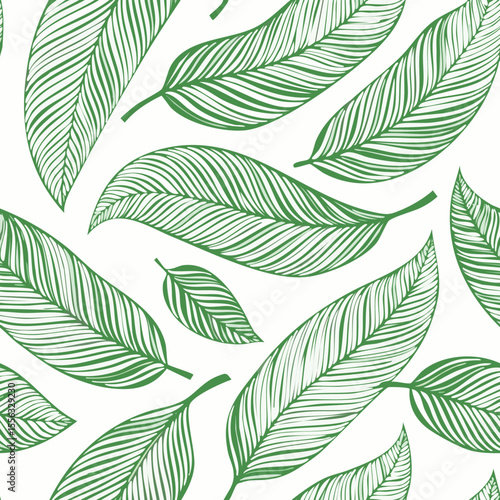 Seamless Tropical Leaf Pattern Vector - Green Banana Leaves Background Illustration