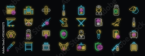 Neon icons illuminating various aspects of veterinary care, from vaccinations and checkups to pet hospitals and medicine