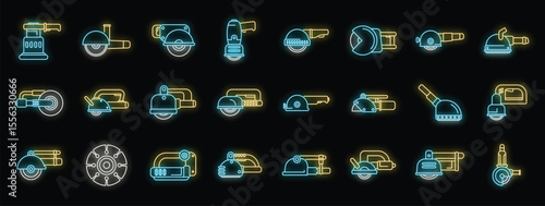 Angle grinder cutting machine power tools icons set vector neon style. Cutting machine and angle grinder, electric tool for construction