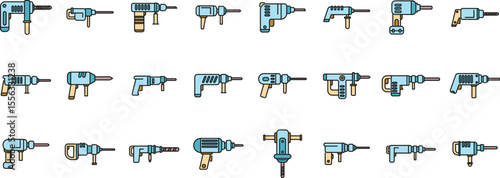 Rotary hammer drilling machine icons set, hammering and drilling equipment collection