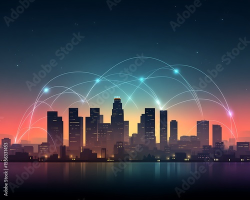 City skyline at night, connected by glowing lines