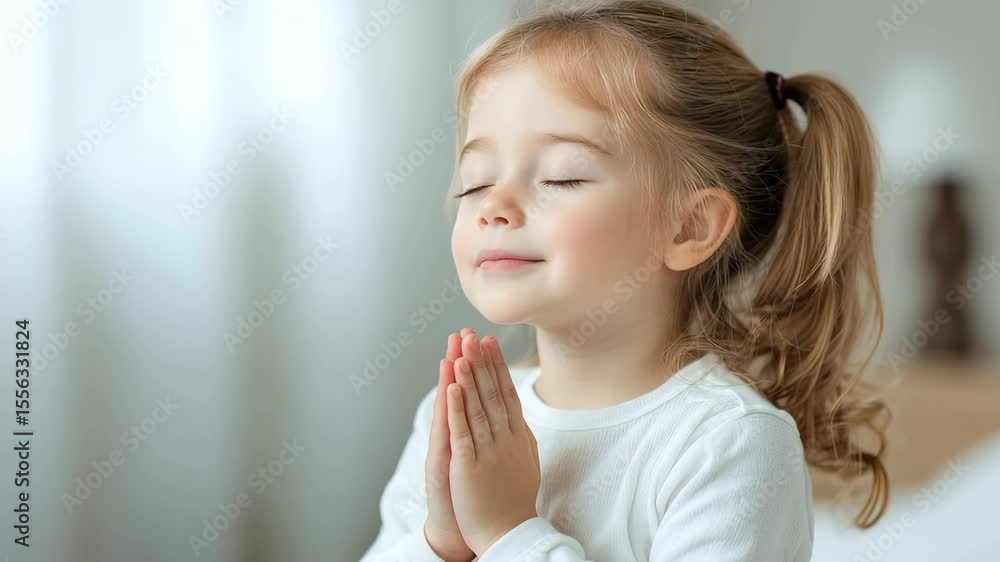 Young girl child kid with light brown hair in ponytail, female praying with hands together, closed eyes, peaceful serene expression, soft natural light, indoor atmosphere, young female in prayer Young girl child kid with light brown hair in ponytail, female praying with hands together, closed eyes, peaceful serene expression, soft natural light, indoor atmosphere, young female in prayer
