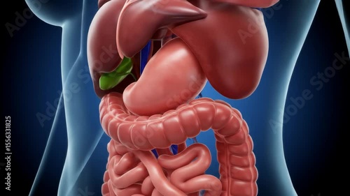 Human Digestive System Anatomy - Detailed 3D video of the female digestive system, showcasing the liver, stomach, intestines, and gallbladder.