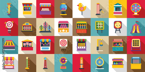 Carnival game icons set. Colorful icons representing various carnival games and attractions, creating a festive and playful atmosphere