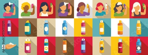 Dry shampoo icons set. Collection of icons representing women using hair styling foam and various hairspray bottles