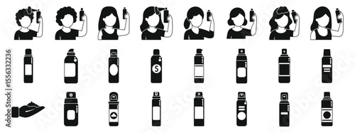 Dry shampoo icons set. Collection of icons representing women using hair styling products and various hairspray bottle designs