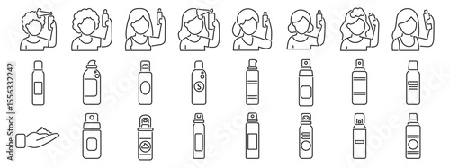 Dry shampoo icons set. Line icons of women applying hairspray and various hair styling product bottles