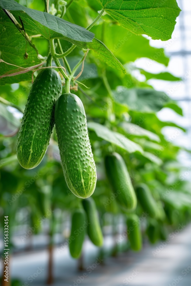 Fresh cucumbers growing on the vine in a greenhouse. Fresh cucumbers growing on the vine in a greenhouse.