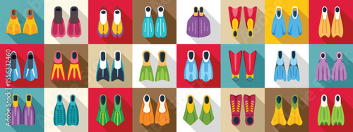 Scuba flippers icons set. Collection of colorful flippers showcasing diverse designs for diving and snorkeling activities