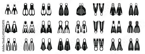 Scuba flippers icons set. Black flippers set featuring various designs for underwater activities, offering choices for divers and swimmers