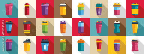 Shaker protein drink icons set. Flat vector illustration of colorful sport shaker bottles, ideal for gym, fitness, and sports nutrition projects