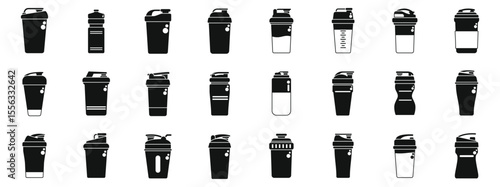 Shaker protein drink icons set. Collection of sport shaker bottle icons representing protein drinks for gym and fitness, perfect for promoting healthy lifestyles