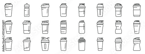 Shaker protein drink icons set. Line icons representing various shaker bottles used by athletes and fitness enthusiasts for mixing protein shakes and sports supplements