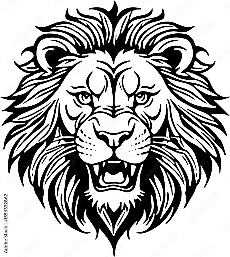 Obraz premium Roaring lion head, bold tribal outline, high contrast silhouette suitable for tattoos and vinyl cutting