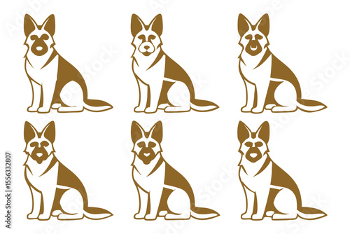 Six Brown and White German Shepherd Dog Vector Illustrations