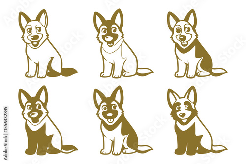 Six Golden Brown German Shepherd Dog Vector Illustrations