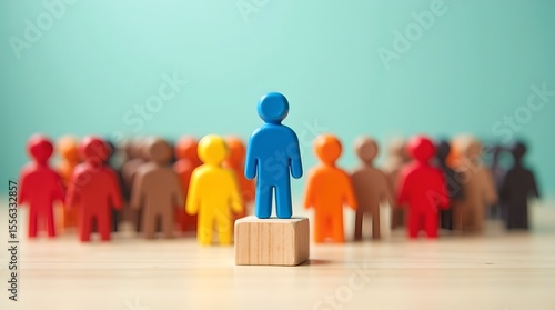 Leadership Concept Blue Figure Standing Out From Colorful Crowd Wooden Block Platform Teamwork Success Teal Background Wooden Surface