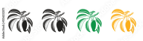 Mango icon vector set illustration. set vector illustration outline mango silhouette. mango with leaf.