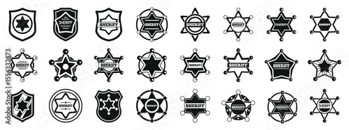 Sheriff badge icons set. Set of black and white sheriff star icons representing law enforcement, authority, and justice