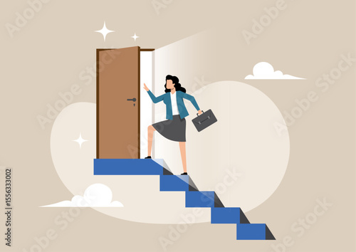 A businesswoman taking a decisive step onto the threshold of an open wooden door