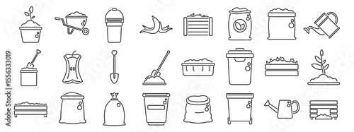 Composting icons set. Line icons depicting composting process, from organic waste like fruit and vegetable peelings to compost, fertilizer and gardening