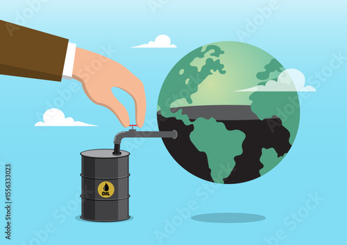 A large human hand extracting oil directly from the Earth