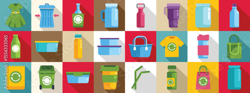 Waste reduction icons set. Various reusable and recyclable items promoting a zero waste lifestyle