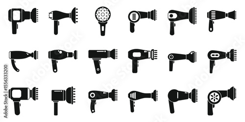 Hair diffuser icons set. Collection of hair dryer icons representing various models for drying and styling hair, showcasing diverse designs and functionalities for professional hair care