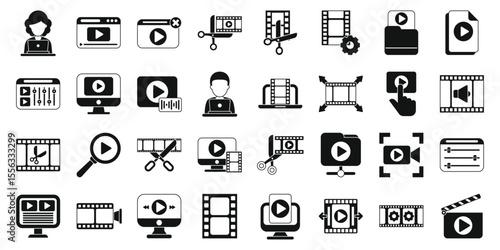 Video editor icons set. Comprehensive set of video editing and film production icons, covering various aspects of the process from pre production to post production