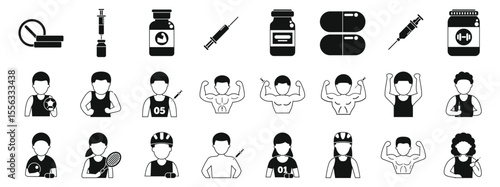 Steroid addiction icons set. Collection of icons representing athletes using doping and various sports supplements to enhance their performance