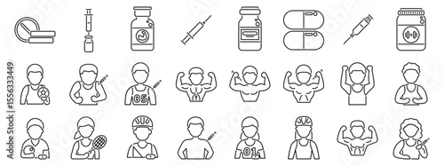 Steroid addiction icons set. Line icons depicting athletes injecting doping substances, flexing muscles, and various ped products like pills and injections
