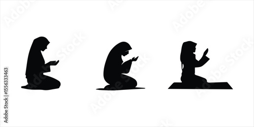women prayer icon silhouette hand drawn illustration on white background. islamic women prayer icon vector.
