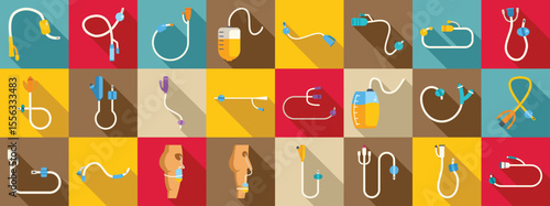 Urinary catheter icons set. Collection of colorful flat design icons depicting various types of medical equipment used for intravenous therapy, including catheters, cannulas, and iv drips